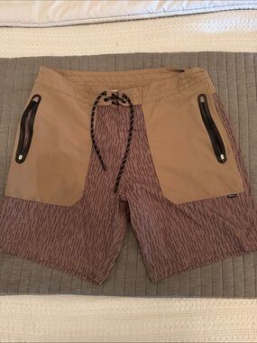 Howler Bros. Men's Tan and Brown Swim Board Shorts with Front Zip Pockets